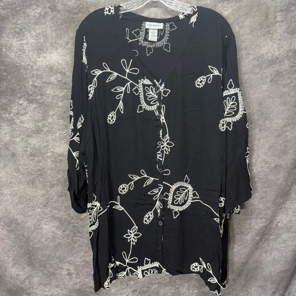 Catherines Black White Floral Embroidered Button Front Tunic Blouse Plus Size 2X